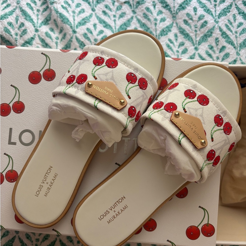 Louis Vuitton x Takashi Murakami White Cherry Print Slides